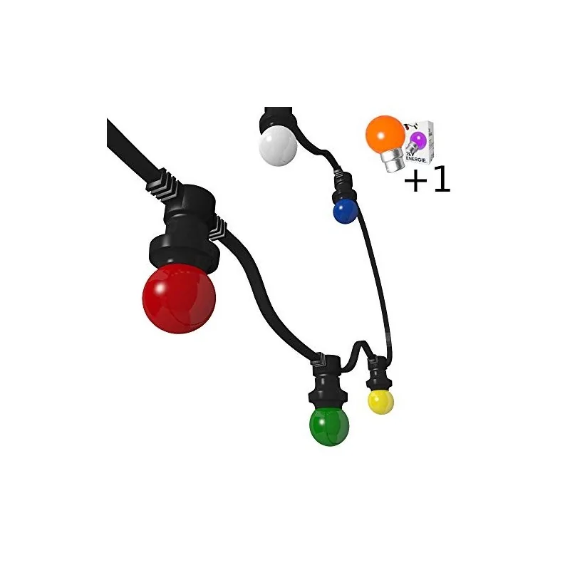 Guirlande guinguette LED B22 20 ampoules multicolore 10m + Câble d'alimentation