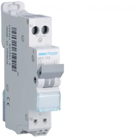 Hager | Disjoncteur MFS702 1P+N 3kA C2A Sans Vis